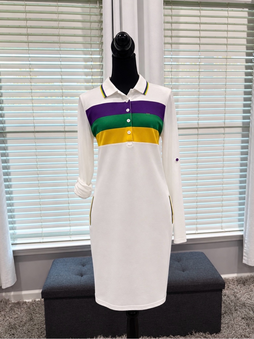 White Long-Sleeve Mardi Gras Polo Dress with Purple, Green & Yellow Stripes